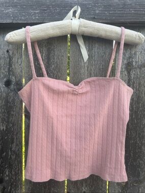 Reformation Pink Dusty Rose Pointelle Ribbed Tank Top Ruched Bust Made in USA M